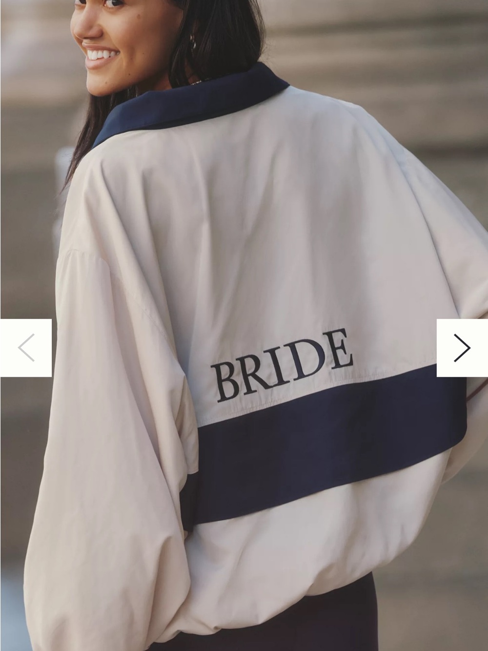 Anthropologie Cream and Navy “BRIDE” Bomber Jacket